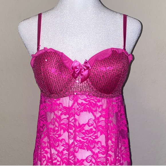 Frederick's of Hollywood Other - Vintage Pink Sequin Babydoll Slip dress with thong. Size Medium.